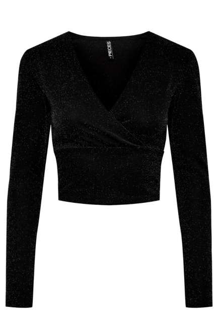 Priser på Pieces - Bluse - PC Lina LS Cropped V-Neck Top - Black