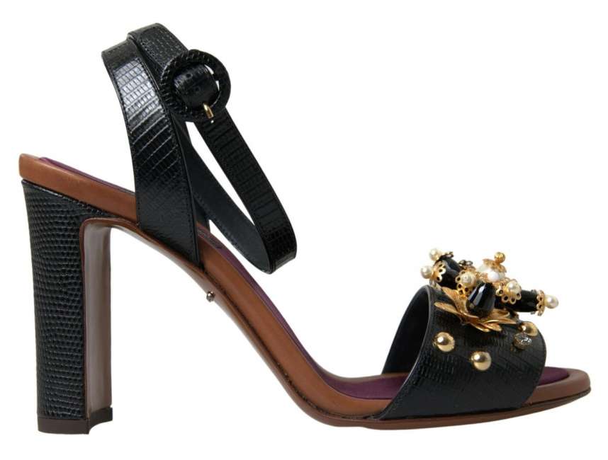 Priser på Dolce & Gabbana Sort Lizard Embossed Floral Pearls Sandals Shoes