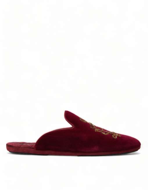 Priser på Dolce & Gabbana Bordeaux Velvet Guld Crown Embroidery Slides Shoes
