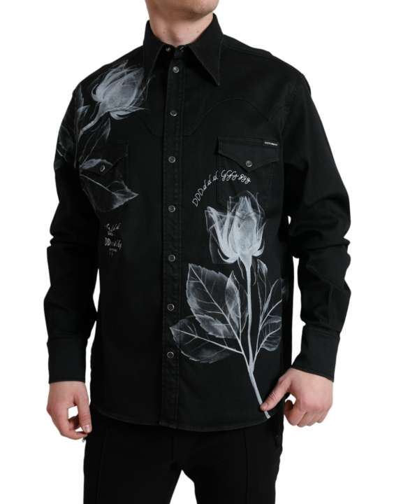 Priser på Dolce & Gabbana Sort Floral Bomuld Collared Kjole Shirt