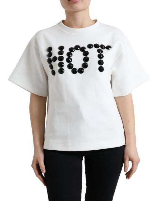 Priser på Dolce & Gabbana T-shirt Hvid Bomuld Stretch Sort HOT Crystal