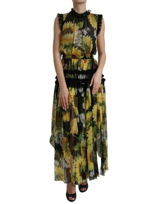 Priser på Dolce & Gabbana Sort Sunflower A-line Pleated Maxi Kjole