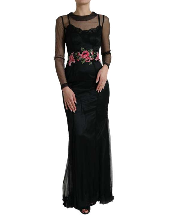 Priser på Dolce & Gabbana Sort Floral Embroidery Mesh Tulle Gown Kjole