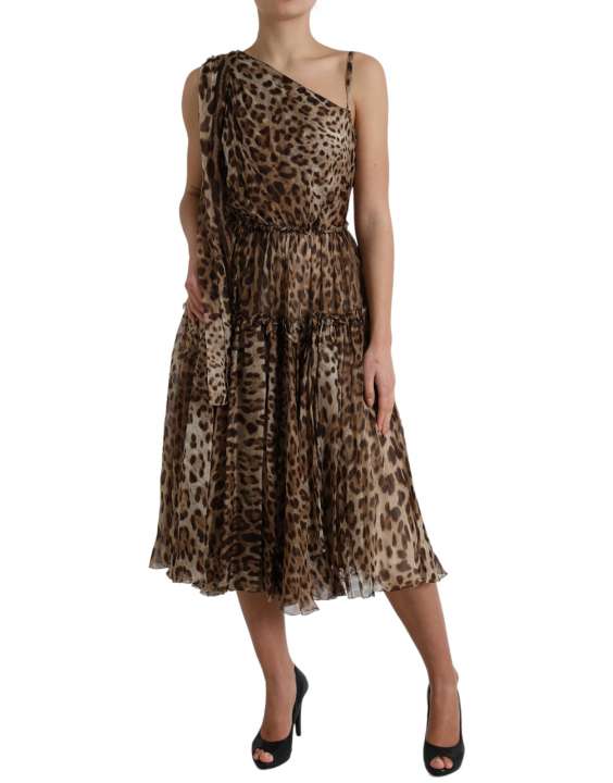 Priser på Dolce & Gabbana Brun Leopard Print Silke Ruffled Midi Kjole