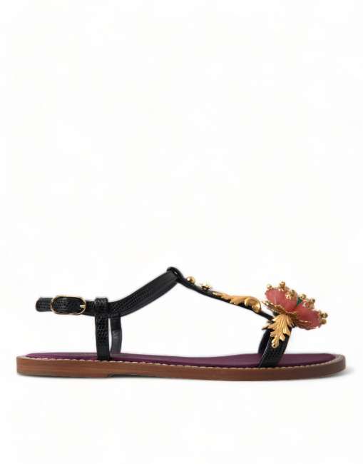 Priser på Dolce & Gabbana Sort Krystal Guld Læder Sandaler