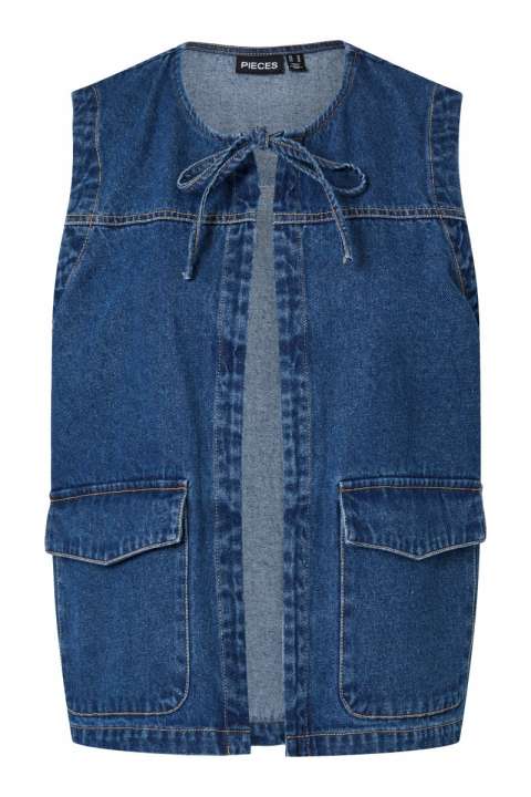 Priser på Pieces - Vest - Fenna O-Neck Tie Denim Vest - Dark Blue Denim