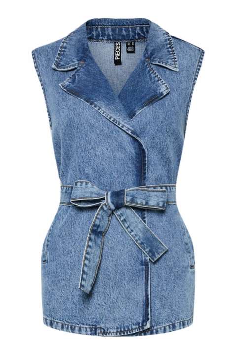 Priser på Pieces - Vest - Sabine Long Denim Vest - Medium Blue Denim