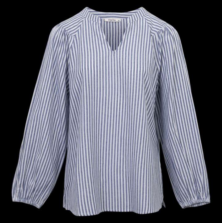 Priser på ChaCha Dame Bluse i hørmix - Blue Stripe - L