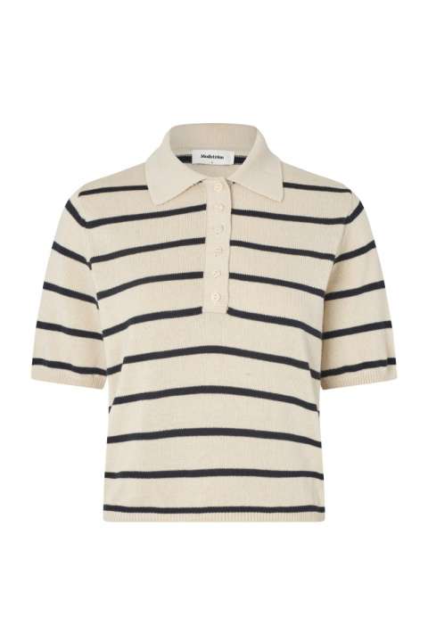 Priser på Modström - T-shirt - Malvamd SS Stripe Polo - Summer Sand Navy Stripe