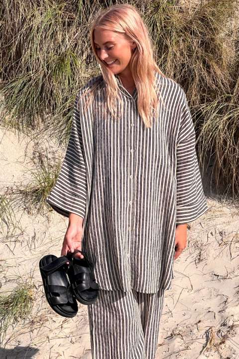 Priser på Ichi - Skjorte - IA Foxa Striped Beach SH - Black Stripe