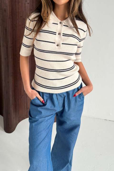 Priser på Continue - T-shirt - Eva Polo Ss - Sand/Blue Stripe