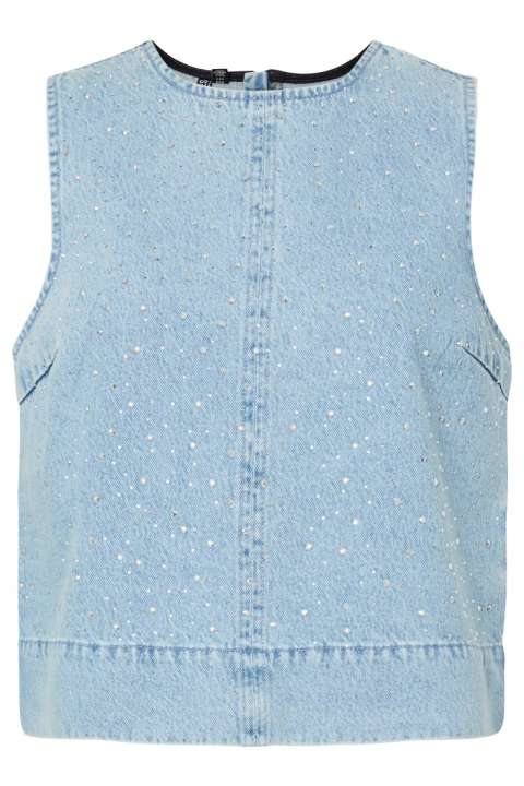 Priser på Pieces - Top - Noel O-Neck - Light Blue Denim / Rhine Shones